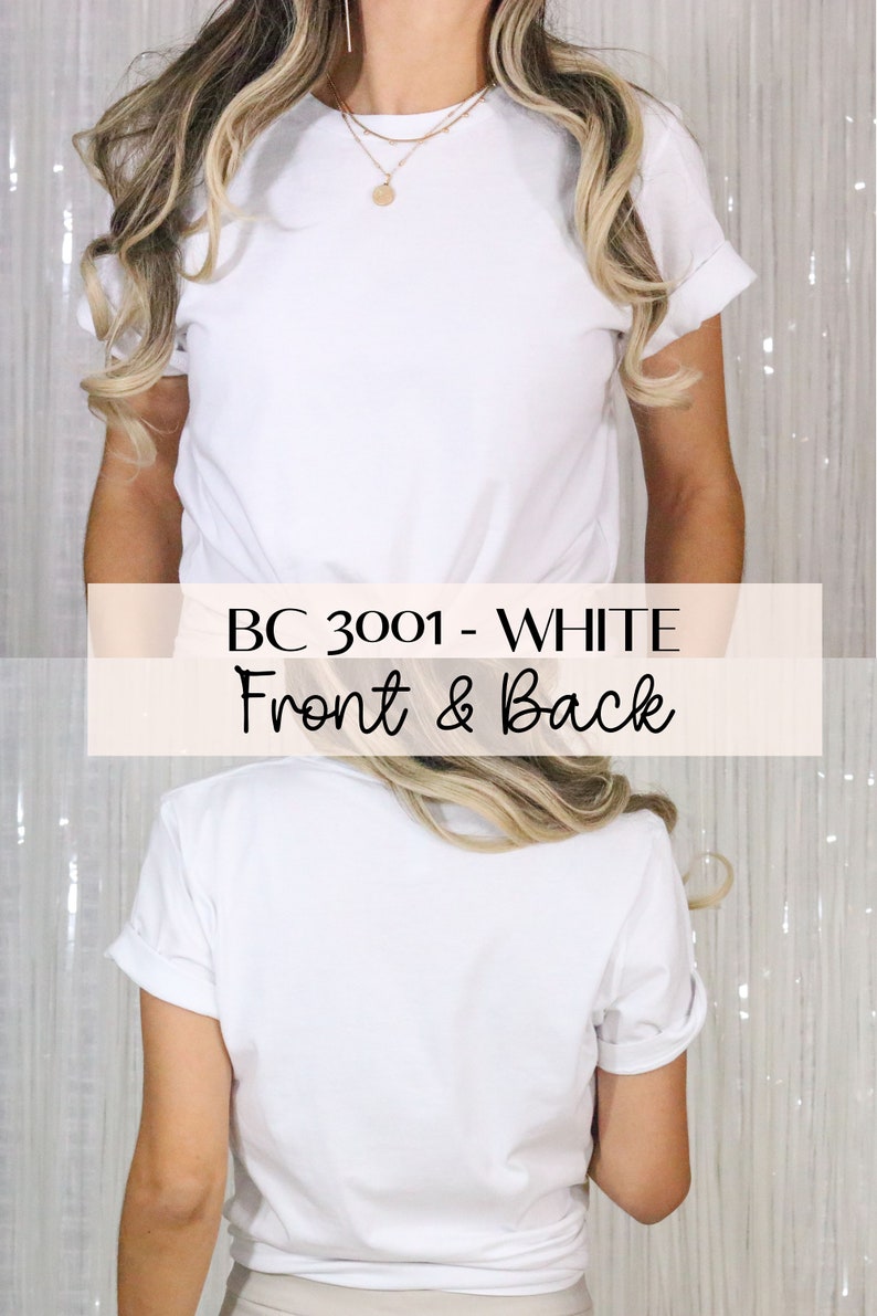 Pu&ograve; includere: Maglietta bianca a maniche corte con le maniche arrotolate, vista frontale e posteriore. Il testo "BC 3001 - WHITE Front & Back" &egrave; stampato sull'immagine.