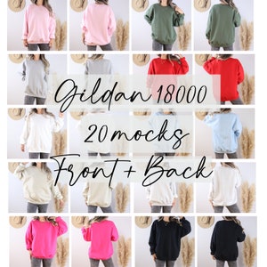 Gildan 18000 Mockup Bundle, Sweatshirt Mockups Bundle, Crewneck Mockup, Front and Back, Sand, Ash, White,  Military Green, Black Pink