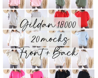 Gildan 18000 Mockup Bundle, Sweatshirt Mockups Bundle, Crewneck Mockup, Front and Back, Sand, Ash, White,  Military Green, Black Pink