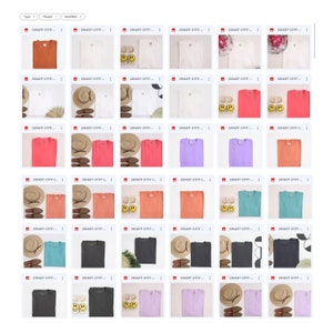 K&ouml;nnte beinhalten: Eine Sammlung von T-Shirts in verschiedenen Farben, darunter Wei&szlig;, Orange, Rosa, Lavendel, Hellblau, T&uuml;rkis, Grau und Schwarz. Die Shirts liegen flach auf einem wei&szlig;en Hintergrund.