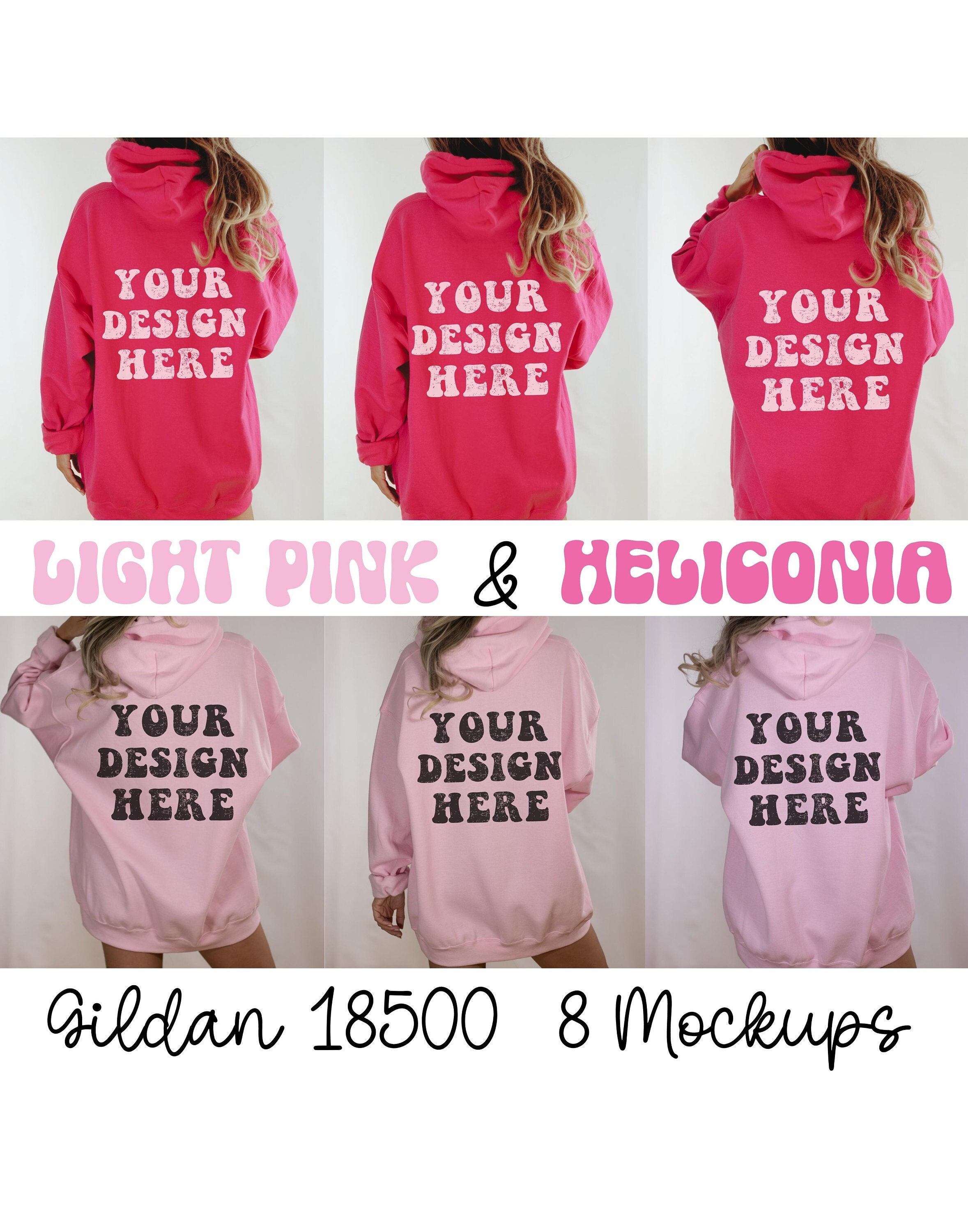 Light Pink & Heliconia Back of Hoodie Mockup Bundle, Gildan 18500