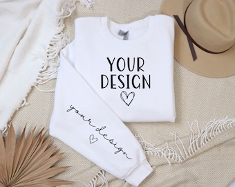 White Gildan 18000 Mockup With Sleeve Mockup, Sweatshirt Sleeve Mockup, Collar Mockup, Sleeve Mockup, Crewneck, Sweater Mockup Flat Lay POD