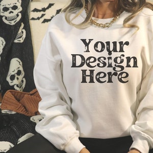 Gildan 18000 Felpa Mockup Felpa bianca Mockup Pesante Miscela Felpa Modello Mockup Autunno Mockup Halloween Mockup