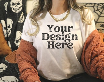 Bella Canvas 3001 Tshirt Mockup Bella Canvas Shirt 3001 Mock Weißes Shirt Mockup Herbst Mockup Halloween Mockup Weißes Mockup Modell Lifestyle