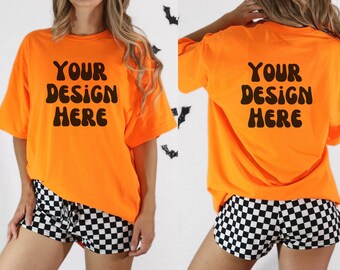 Orange Tshirt Mockups, Halloween Mockup Bundle, Gildan 5000 Mockup Orange Front and Back, Orange T shirt Mock up, Fall Mockup