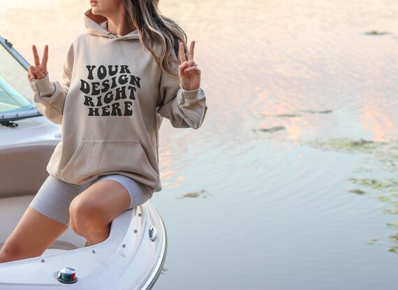 Peace Sign Boat Gildan Hoodie Sand Mockup Gildan 18500 Mockup Sand Hoodie Mock Gildan Sand Shirt Sunset Model Beach Water Oversized  Hoodie