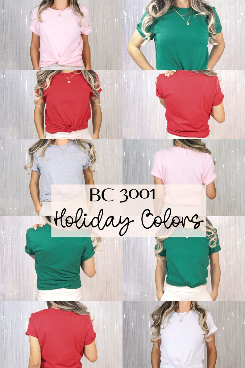 Pu&ograve; includere: Un collage di otto foto che mostrano una variet&agrave; di t-shirt in colori festivi. Le t-shirt sono tutte dello stesso stile, con collo rotondo e maniche corte. I colori mostrati sono rosa, verde, rosso, grigio e bianco. Il testo "BC 3001 Holiday Colors" &egrave; visualizzato al centro del collage.