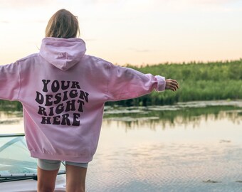 Light Pink Hoodie Mockup Light Pink Mockup Gildan 18500 Mockup Pink Hoodie Mockup Model Sunset Beach Water River Lake Oversized Lifestyle