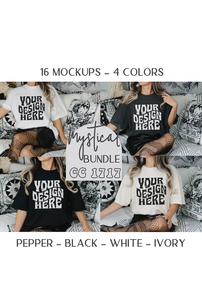 May include: Four mockups of a t-shirt design featuring the text "Your Design Here" in a retro font. The t-shirts are shown in four colors: black, white, ivory, and pepper.