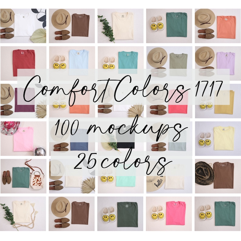 K&ouml;nnte beinhalten: 100 Mockups von T-Shirts in 25 verschiedenen Farben. Die T-Shirts werden auf einem wei&szlig;en Hintergrund mit verschiedenen Requisiten wie H&uuml;ten, Schuhen und Pflanzen gezeigt. Der Text "Comfort Colors 1717" wird in einer handschriftlichen Schriftart angezeigt.