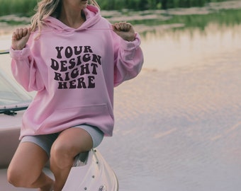 Light Pink Hoodie Mockup Light Pink Mockup Gildan 18500 Mockup Pink Hoodie Mockup Model Sunset Beach Water River Lake Oversized Lifestyle