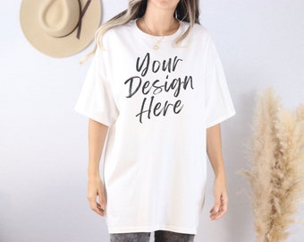 White Gildan 5000 Mockup, Gildan 5000 Shirt Mockup, Oversized Mockup, Boho Mockup, Model Mockup, G500 Mockup, Trendy Mockup, Shirt Mockup