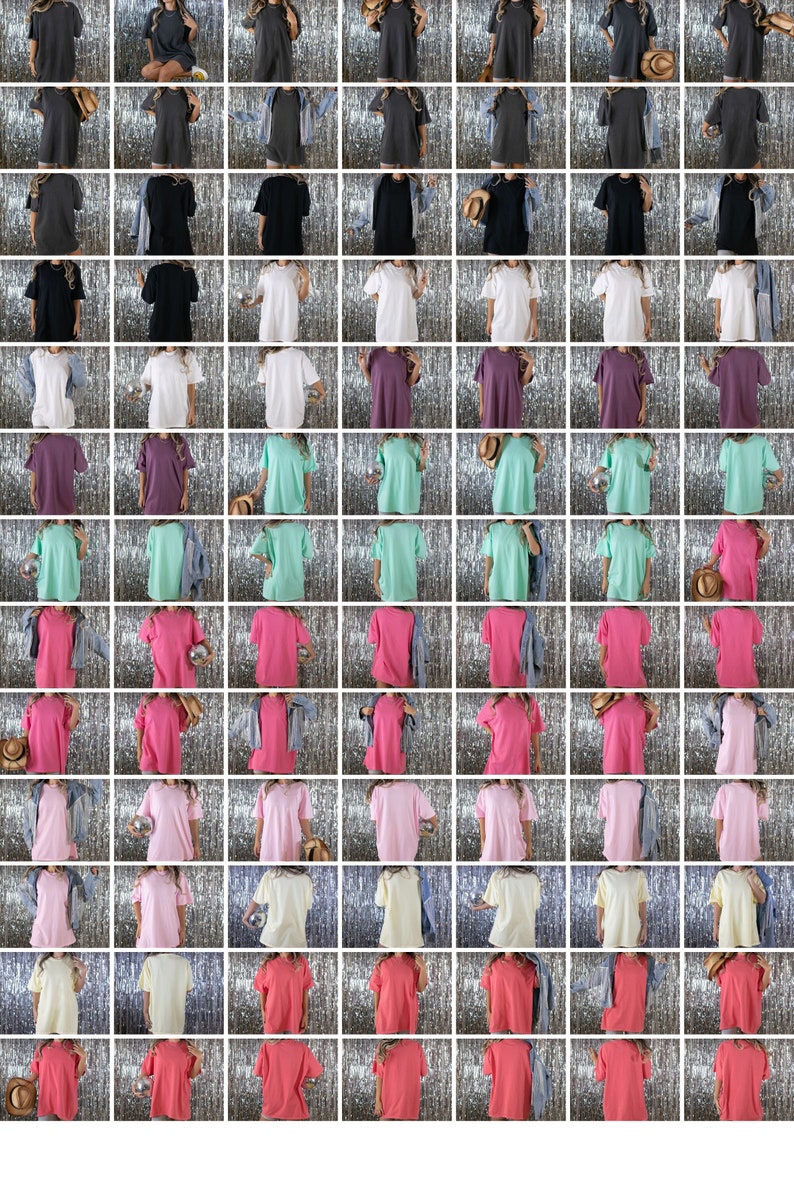 May include: A collection of 100 oversized t-shirts in various colors, including black, white, pink, red, and green. The t-shirts are displayed on a silver background.