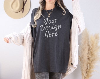 Dark Heather Grey Bella Canvas 3001 Mockup - BC 3001 Oversized T-shirts Mockup - 3001 Model Mockup - Boho Mockup - Model Mockup - Lifestyle