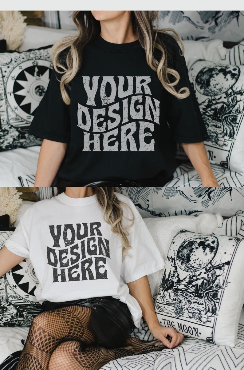 May include: Two t-shirts with the text "YOUR DESIGN HERE" in a retro, distressed font. The shirts are black and white and are shown on a model wearing black leggings.