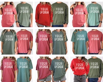 May include: A collage of nine images showcasing various t-shirts and sweatshirts in different colors. Each garment features the text "YOUR DESIGN" printed in white on the front.