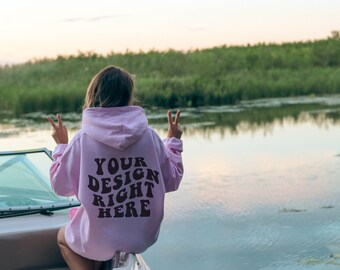 Light Pink Hoodie Mockup Light Pink Mockup Gildan 18500 Mockup Pink Hoodie Mockup Model Sunset Beach Water River Lake Oversized Lifestyle