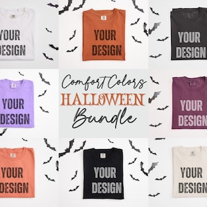 Bats Comfort Colors Halloween Mockup Bundle C1717 Flat Lay Comfort Color Folded Yam Violet Pepper Black White Ivory Purple Orange Shirt Mock