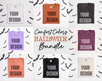 Bats Comfort Colors Halloween Mockup Bundle C1717 Flat Lay Comfort Color Folded Yam Violet Pepper Black White Ivory Purple Orange Shirt Mock