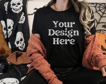 Bella Canvas 3001 Tshirt Mockup Bella Canvas Shirt 3001 Mock Black Shirt Mockup Fall Mockup Halloween Mockup Black Mockup Model Lifestyle