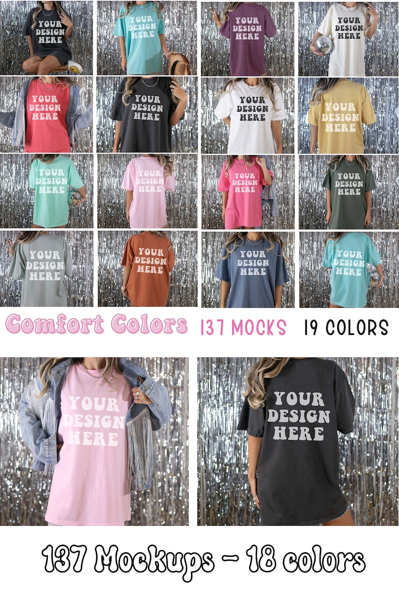May include: A collection of 137 mockups featuring 19 different colors of oversized t-shirts. The t-shirts are shown on a model wearing a denim jacket and standing in front of a silver sparkly background. The text "YOUR DESIGN HERE" is printed on the front of each t-shirt.