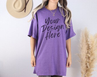 Heather Purple Gildan 5000 Mockup, Gildan 5000 Shirt Mockup, Oversized Mockup, Boho Mockup, Model Mockup, G500 Mockup, Trendy Shirt  Mockup