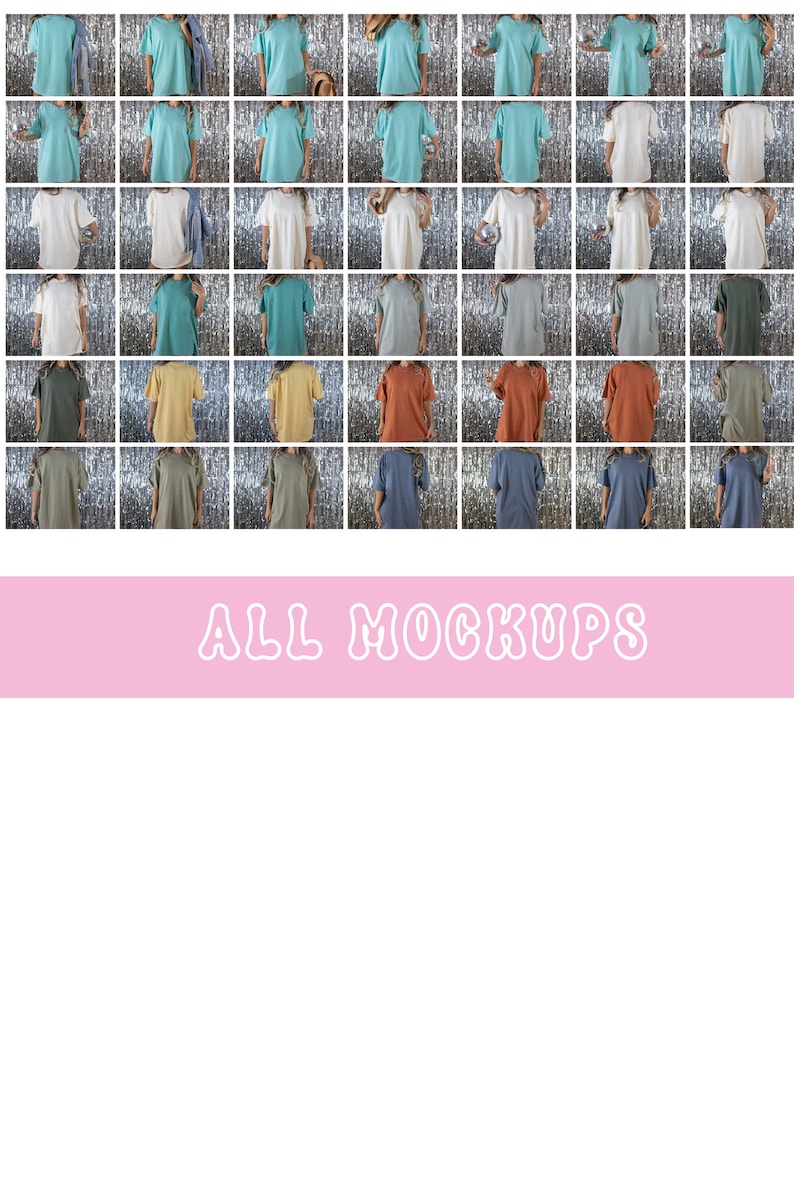 May include: A collection of 40 different t-shirt mockups in various colors, including white, light blue, gray, yellow, green, orange, and blue. The mockups are displayed on a silver background.