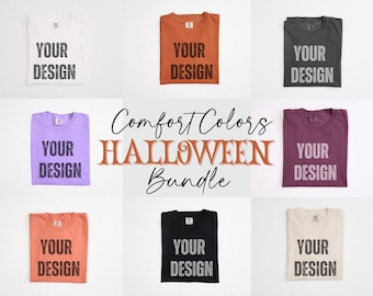 Comfort Colors Halloween Mockup Bundle, C1717 Flat Lay Comfort Colors Folded Yam Violet Pepper Black White Ivory Purple Orange Shirt Mock Up