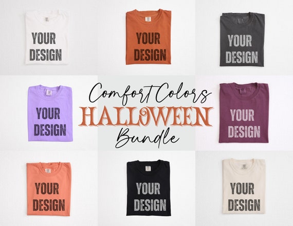 Comfort Colors Halloween Mockup Bundle, C1717 Flat Lay Comfort Colors Folded Yam Violet Pepper Black White Ivory Purple Orange Shirt Mock Up