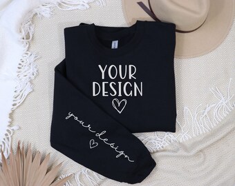 Black Gildan 18000 Mockup With Sleeve Mockup, Sweatshirt Sleeve Mockup, Collar Mockup, Sleeve Mockup, Crewneck, Sweater Mockup Flat Lay POD