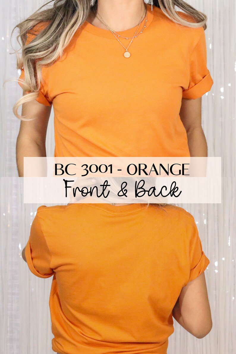 Pu&ograve; includere: Vista frontale e posteriore di una t-shirt arancione. La t-shirt &egrave; di stile basic con scollo rotondo e maniche corte. Il testo "BC 3001 - ORANGE" &egrave; stampato sulla parte anteriore della t-shirt.