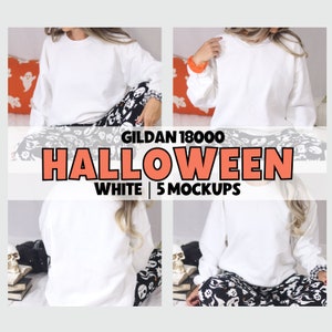 Front and Back White Gildan 18000 Halloween Mockup Bundle, Fall Sweatshirt Mockup Gildan Mockup Bundle, Crewneck Mock Up Gildan 18000 Mockup