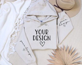 Sand Gildan 18500 Mockup met mouwmodel, hoodie mouwmodel, manchetmodel, mouwmodel, plat lag model, Boho, POD
