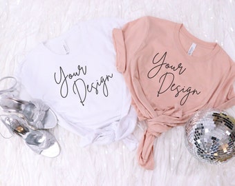 White Peach Bella Canvas 3001 Mockup, Bridal Unisex T-shirt Mock Up, T-Shirt Mockup, Flat Lay T-shirt Mock up, Tee Mockup, Couple Mockup