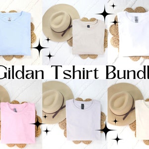 Pacote gildan camiseta maquete gildan 64000 maquete areia branca luz azul claro rosa natural gildan maquete camiseta simulação softstyle boho maquete
