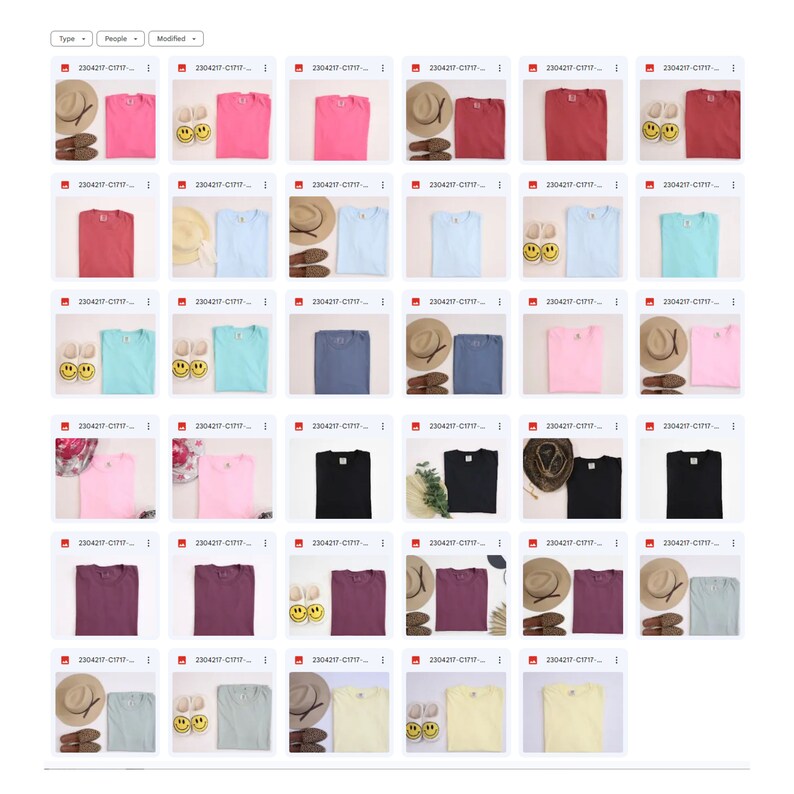 K&ouml;nnte beinhalten: Eine Sammlung von 24 einfarbigen T-Shirts in verschiedenen Farben, darunter Pink, Rot, Blau, Gr&uuml;n, Schwarz und Wei&szlig;. Die Shirts sind in einem Raster auf wei&szlig;em Hintergrund angeordnet.