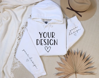 White Gildan 18500 Mockup With Sleeve Mockup, Hoodie Sleeve Mockup, Cuff Mockup, Sleeve Mockup, Flat Lay Mockup, Boho, POD