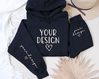 Zwarte Gildan 18500 mockup met mouw mockup, hoodie mouw mockup, manchet mockup, mouw mockup, plat lag mockup, Boho, POD