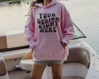 Light Pink Hoodie Mockup Light Pink Mockup Gildan 18500 Mockup Pink Hoodie Mockup Model Sunset Beach Water River Lake Oversized Lifestyle