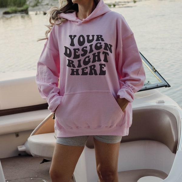 Light Pink Hoodie Mockup Light Pink Mockup Gildan 18500 Mockup Pink Hoodie Mockup Model Sunset Beach Water River Lake Oversized Lifestyle