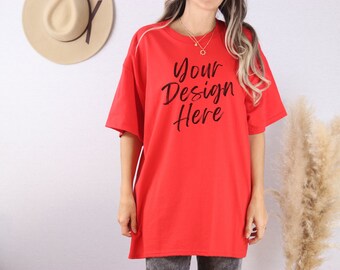 Red Gildan 5000 Mockup, Gildan 5000 Shirt Mockup, Oversized Mockup, Boho Mockup, Model Mockup, G500 Mockup, Trendy Mockup, Shirt Mockup
