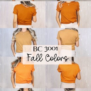 Pu&ograve; includere: Cinque t-shirt di diversi colori, tra cui bianco, arancione, marrone, arancio chiaro e grigio. Le t-shirt sono tutte dello stesso stile, con collo rotondo e maniche corte. Il testo "BC 3001 Fall Colors" &egrave; scritto in bianco su sfondo nero.
