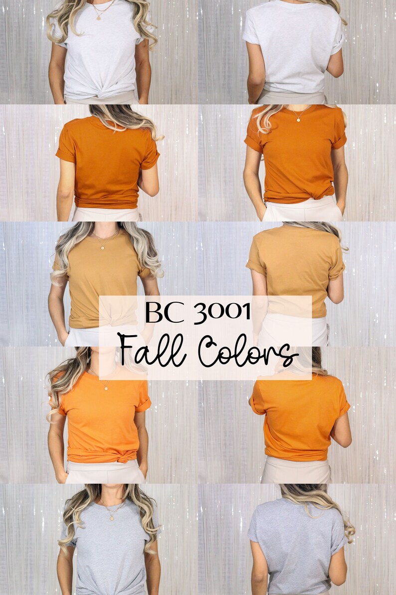 Pu&ograve; includere: Cinque t-shirt di diversi colori, tra cui bianco, arancione, marrone, arancio chiaro e grigio. Le t-shirt sono tutte dello stesso stile, con collo rotondo e maniche corte. Il testo "BC 3001 Fall Colors" &egrave; scritto in bianco su sfondo nero.