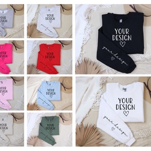 Könnte beinhalten: Ein Set aus zehn langärmeligen Sweatshirts in verschiedenen Farben, jedes mit dem Text "YOUR DESIGN" und einem Herzsymbol. Der Text "your design" steht auf dem Ärmel jedes Sweatshirts.