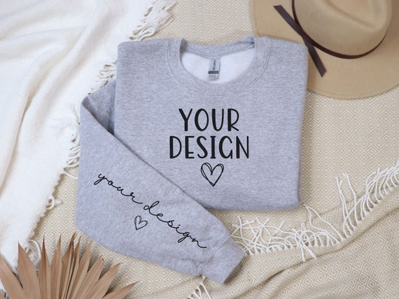 Sport Grey Gildan 18000 Mockup With Sleeve Mockup, Sweatshirt Sleeve Mockup, Collar Mockup, Sleeve Mockup, Crewneck, Sweater Mockup Flat Lay