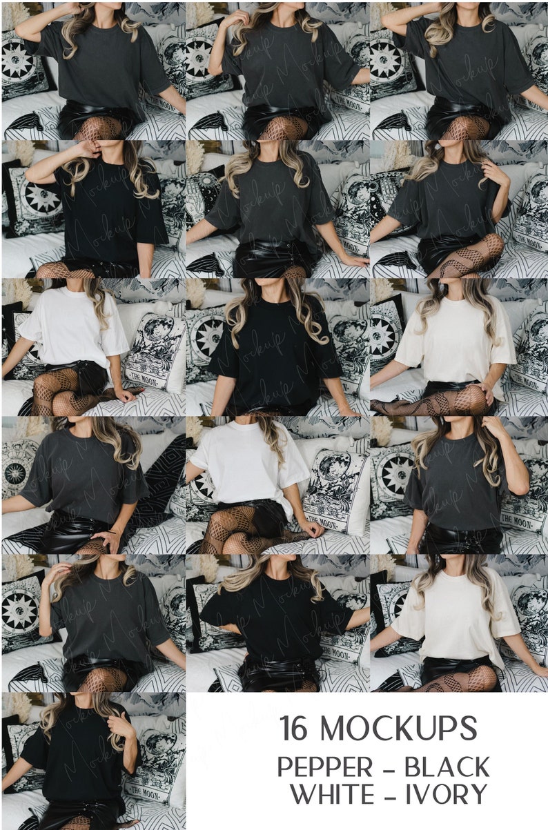 May include: 16 mockups of a t-shirt in three colors: pepper, black, and ivory. The t-shirt is oversized and has a relaxed fit. The model is wearing the t-shirt with black leggings and fishnet stockings. The background is a white and black patterned bedspread.