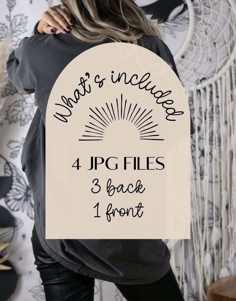 Puede incluir: Un gr&aacute;fico beige en forma de arco con el texto "What's included" y un dise&ntilde;o de sol naciente. El texto "4 JPG FILES" est&aacute; debajo del sol naciente. Los textos "3 back" y "1 front" est&aacute;n debajo del texto "4 JPG FILES".