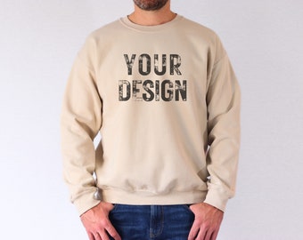 Sand Male Sweatshirt Mockup Bundle Front & Back, Mens Gildan 18000 Mockup Bundle, Crewneck Mockup, Male Model Mock Up, Summer