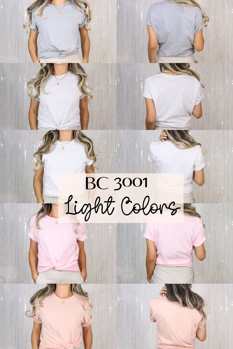 Pu&ograve; includere: Un collage di cinque immagini che mostrano una donna che indossa una variet&agrave; di magliette di colore chiaro. Le magliette sono tutte dello stesso stile, ma sono mostrate in diversi colori, tra cui grigio, bianco e rosa. Il testo "BC 3001 Light Colors" &egrave; visualizzato al centro del collage.