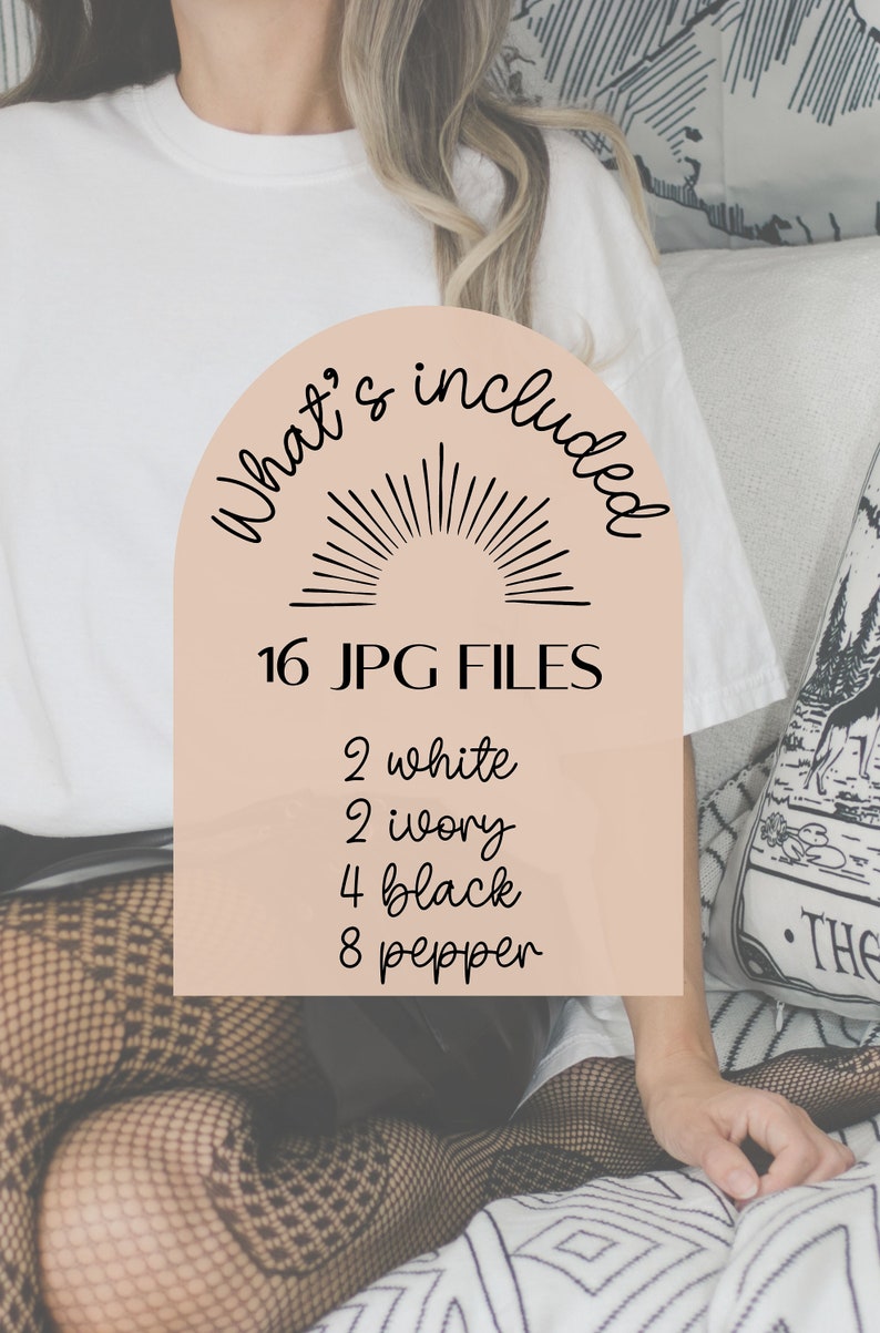 May include: A peach-colored graphic with a sunburst design and the text "What's included" in a handwritten font. The graphic lists 16 JPG files, including 2 white, 2 ivory, 4 black, and 8 pepper.